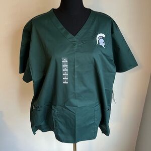 Green V-Neck Scrub Top with Spartan Logo